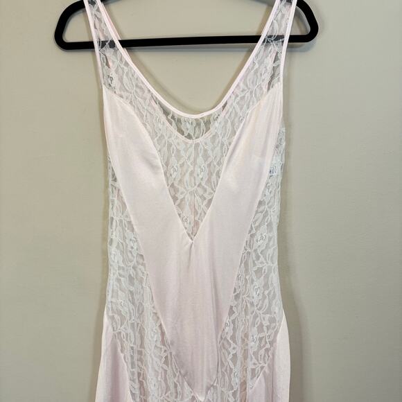 Vintage Nightgown Slip Dress M Pink Satin Lace Sheer French Romantic Fairycore - Picture 4 of 10